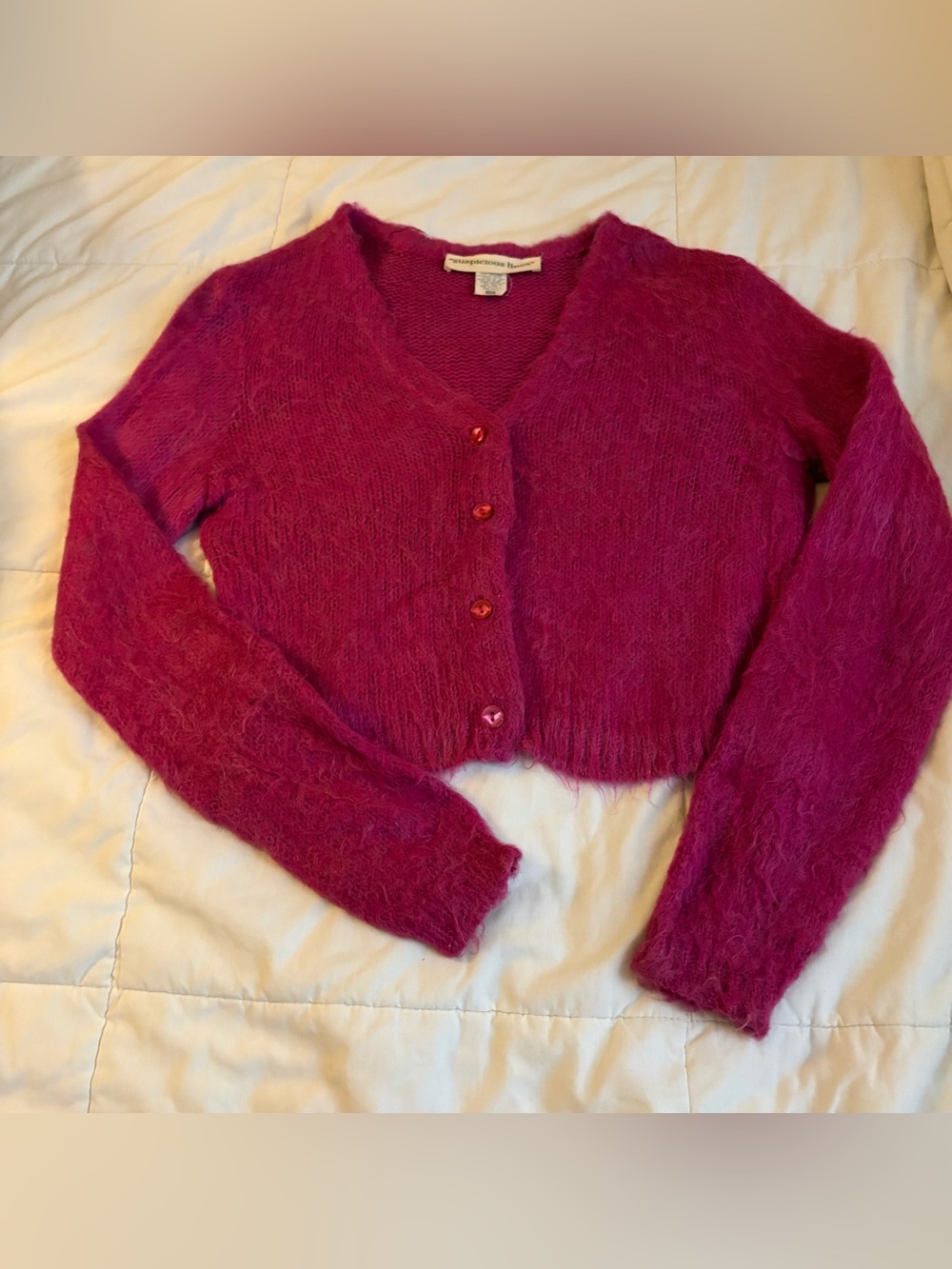 Cropped Fuchsia Mohair-Blend V-Neck Cardigan - Women's